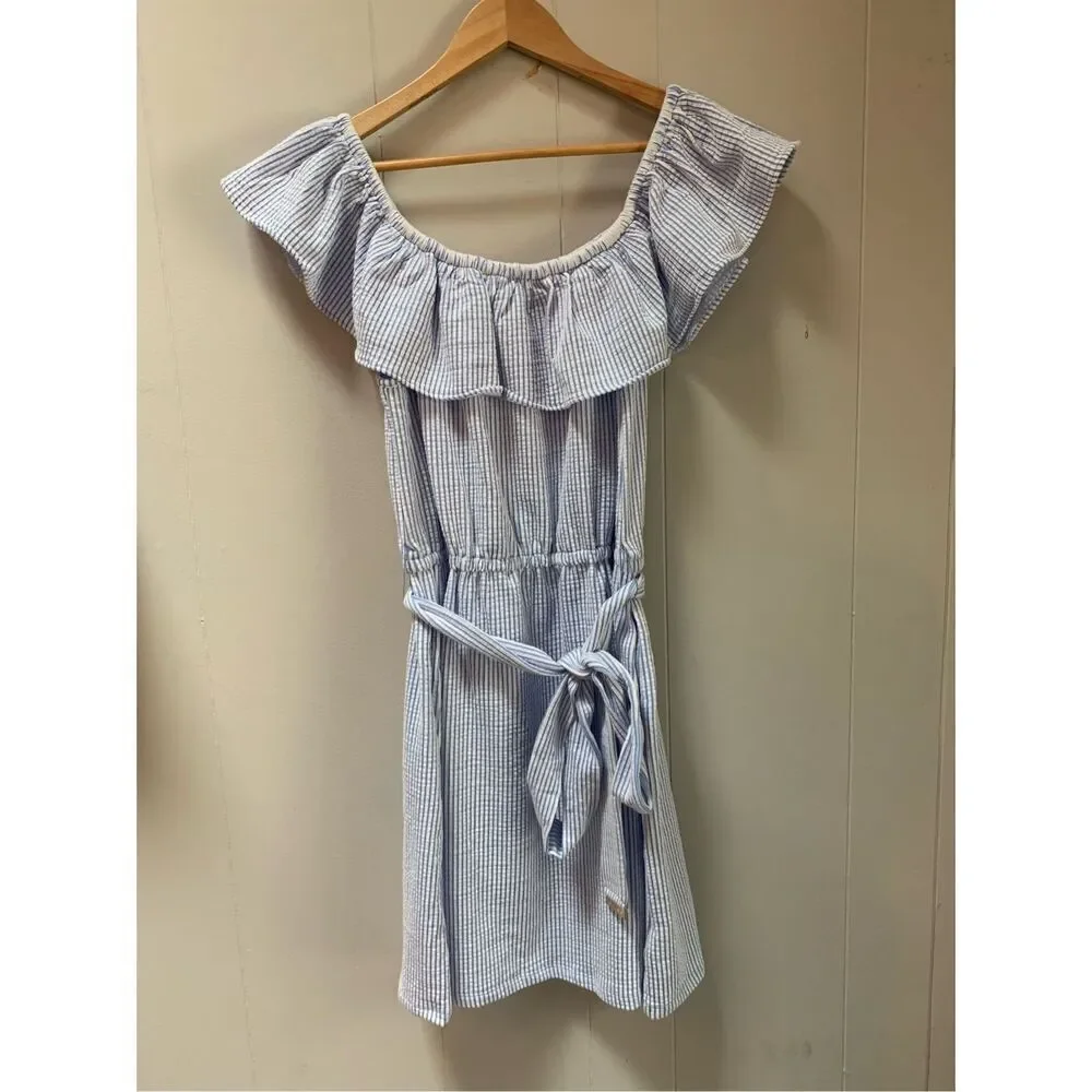 Michael Kors Ruffle-Neck Seersucker Dress with Pockets NWOT Large